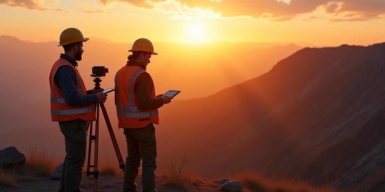 Team of geologists conducting a field survey at sunset